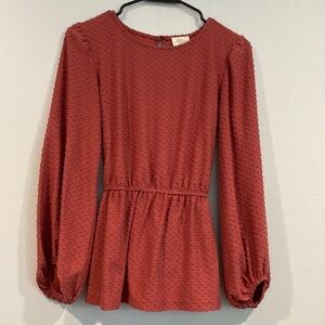 Ava James Dusty Rose Peplum Blouse w/ Cinched Waist and Tie in Back -Size Small